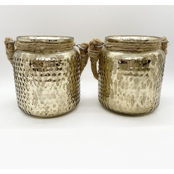 Glass Decorative Rope Handle Jar Tea light Candle Holder Gold in Color Mercury - Picture 5 of 9